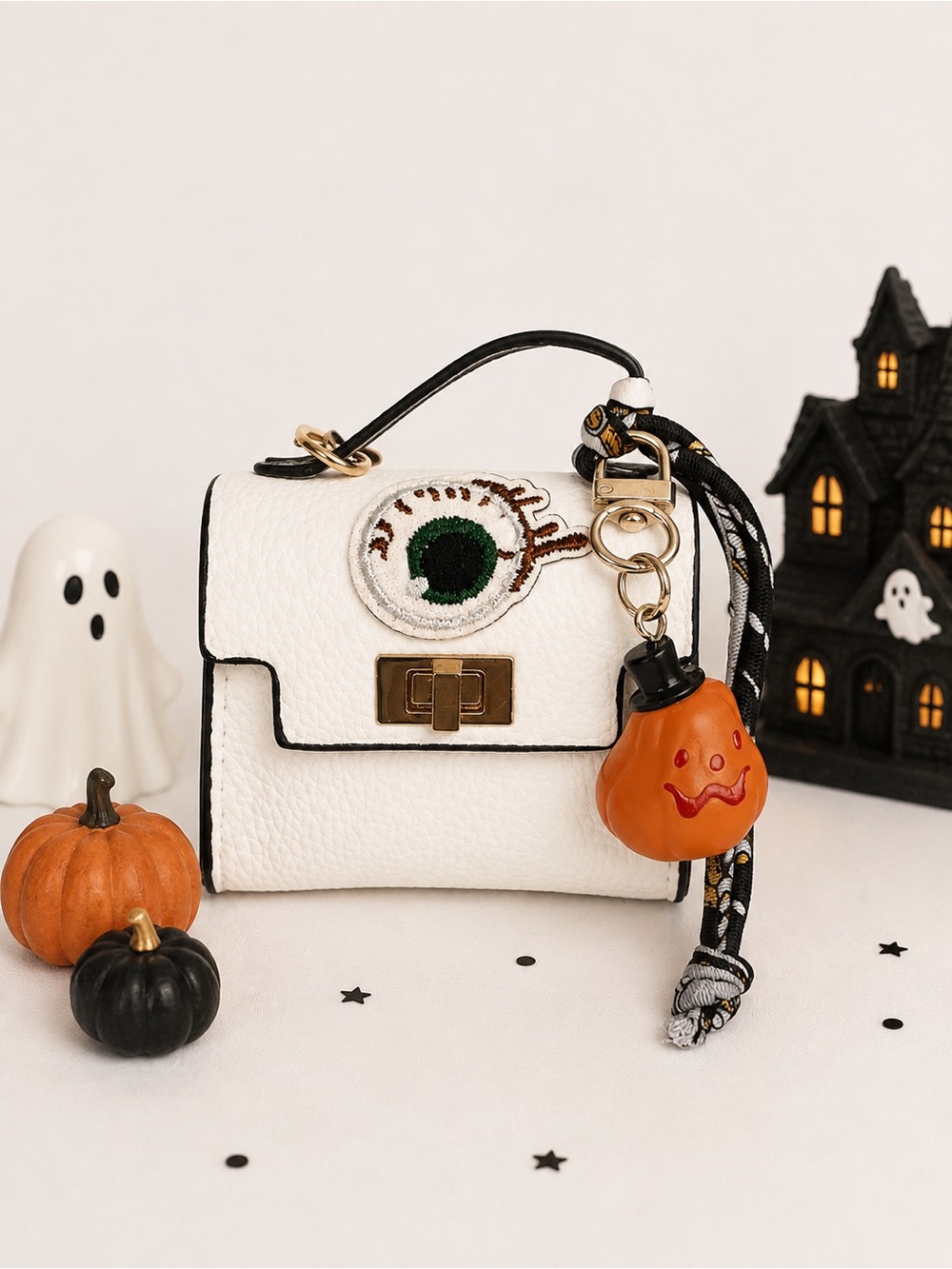 White Mini Bag Keychain w/Halloween Patch and Glow in the Dark Pumpkin Charm